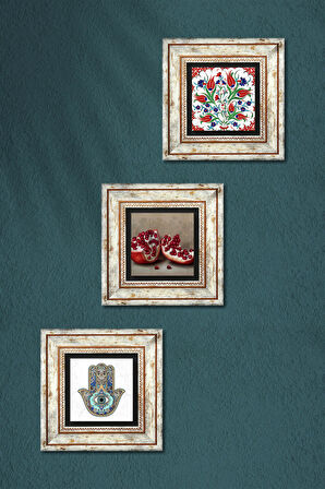 Çini Sanatı Lale, Nar, Fatma Ana Eli (Hamsa) Taş Duvar Tablosu Çerçeveli Duvar Dekoru 3 Parça Tablo Seti Wall Art