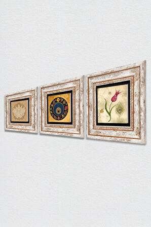 Lotus Çiçeği, Lale Ebru Sanatı, Nazar Taş Duvar Tablosu Çerçeveli Duvar Dekoru 3 Parça Tablo Seti Wall Art