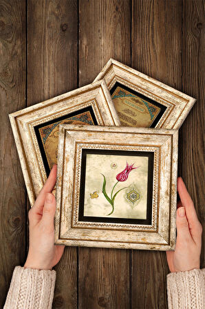 Lotus Çiçeği, Lale Ebru Sanatı, Nazar Taş Duvar Tablosu Çerçeveli Duvar Dekoru 3 Parça Tablo Seti Wall Art