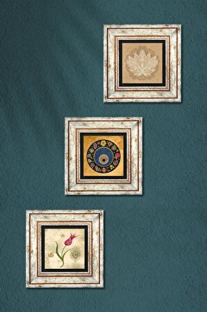 Lotus Çiçeği, Lale Ebru Sanatı, Nazar Taş Duvar Tablosu Çerçeveli Duvar Dekoru 3 Parça Tablo Seti Wall Art