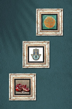 Lotus Çiçeği, Nar, Fatma Ana Eli (Hamsa) Taş Duvar Tablosu Çerçeveli Duvar Dekoru 3 Parça Tablo Seti Wall Art