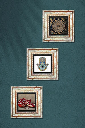 Sri Yantra, Nar, Fatma Ana Eli (Hamsa) Taş Duvar Tablosu Çerçeveli Duvar Dekoru 3 Parça Tablo Seti Wall Art