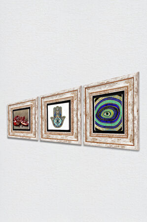 Nazar, Nar, Fatma Ana Eli (Hamsa) Taş Duvar Tablosu Çerçeveli Duvar Dekoru 3 Parça Tablo Seti Wall Art