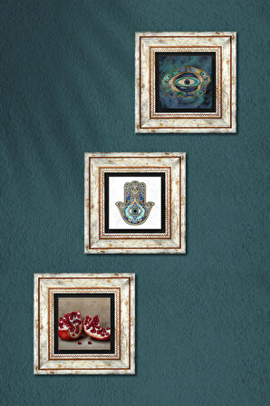 Nazar, Nar, Fatma Ana Eli (Hamsa) Taş Duvar Tablosu Çerçeveli Duvar Dekoru 3 Parça Tablo Seti Wall Art