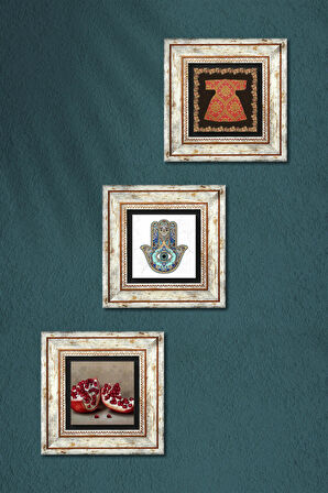 Hırka-i Şerif, Nar, Fatma Ana Eli (Hamsa) Taş Duvar Tablosu Çerçeveli Duvar Dekoru 3 Parça Tablo Seti Wall Art