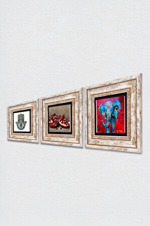 Fil, Nar, Fatma Ana Eli (Hamsa) Taş Duvar Tablosu Çerçeveli Duvar Dekoru 3 Parça Tablo Seti Wall Art