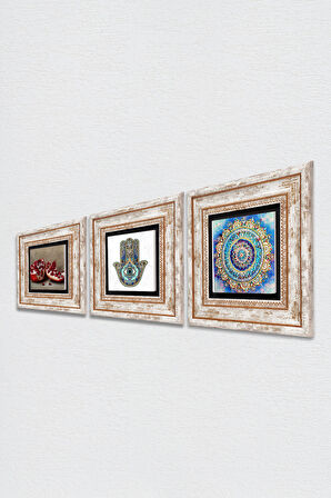 Mandala, Nar, Fatma Ana Eli (Hamsa) Taş Duvar Tablosu Çerçeveli Duvar Dekoru 3 Parça Tablo Seti Wall Art