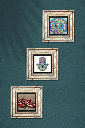 Mandala, Nar, Fatma Ana Eli (Hamsa) Taş Duvar Tablosu Çerçeveli Duvar Dekoru 3 Parça Tablo Seti Wall Art