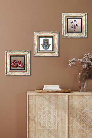 Ebru Sanatı, Nar, Fatma Ana Eli (Hamsa) Taş Duvar Tablosu Çerçeveli Duvar Dekoru 3 Parça Tablo Seti Wall Art