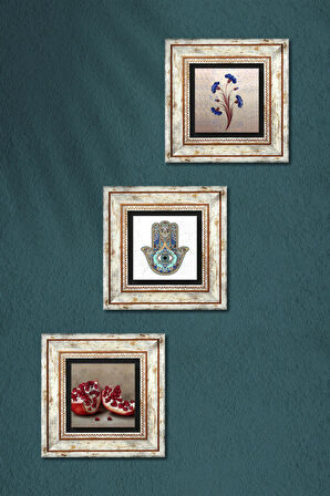 Ebru Sanatı, Nar, Fatma Ana Eli (Hamsa) Taş Duvar Tablosu Çerçeveli Duvar Dekoru 3 Parça Tablo Seti Wall Art