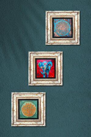 Fil, Yaşam Çiçeği, Lotus Çiçeği Taş Duvar Tablosu Çerçeveli Duvar Dekoru 3 Parça Tablo Seti Wall Art