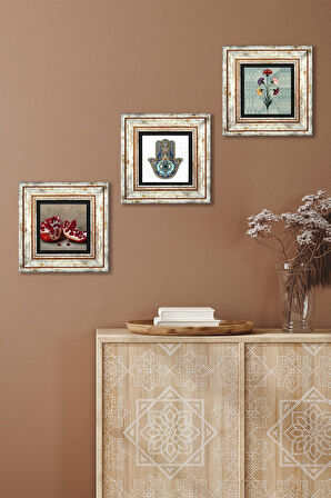 Ebru Sanatı, Nar, Fatma Ana Eli (Hamsa) Taş Duvar Tablosu Çerçeveli Duvar Dekoru 3 Parça Tablo Seti Wall Art