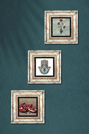 Ebru Sanatı, Nar, Fatma Ana Eli (Hamsa) Taş Duvar Tablosu Çerçeveli Duvar Dekoru 3 Parça Tablo Seti Wall Art