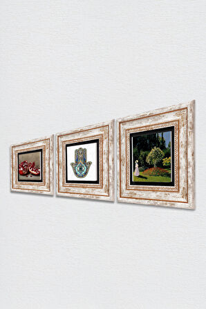 Claude Monet Bahçedeki Kadın, Nar, Fatma Ana Eli (Hamsa) Taş Duvar Tablosu Çerçeveli Duvar Dekoru 3 Parça Tablo Seti Wall Art