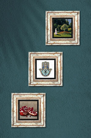 Claude Monet Bahçedeki Kadın, Nar, Fatma Ana Eli (Hamsa) Taş Duvar Tablosu Çerçeveli Duvar Dekoru 3 Parça Tablo Seti Wall Art
