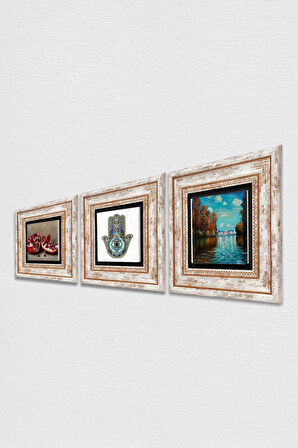 Claude Monet Sonbahar, Nar, Fatma Ana Eli (Hamsa) Taş Duvar Tablosu Çerçeveli Duvar Dekoru 3 Parça Tablo Seti Wall Art