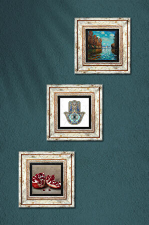 Claude Monet Sonbahar, Nar, Fatma Ana Eli (Hamsa) Taş Duvar Tablosu Çerçeveli Duvar Dekoru 3 Parça Tablo Seti Wall Art