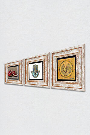Nas Suresi, Nar, Fatma Ana Eli (Hamsa) Taş Duvar Tablosu Çerçeveli Duvar Dekoru 3 Parça Tablo Seti Wall Art
