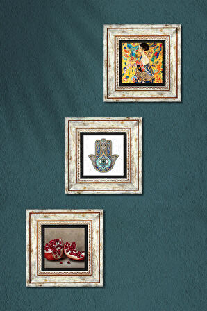 Gustav Klimt Yelpazeli Kadın, Nar, Fatma Ana Eli (Hamsa) Taş Duvar Tablosu Çerçeveli Duvar Dekoru 3 Parça Tablo Seti Wall Art