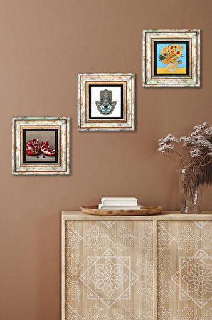 Van Gogh On İki Ayçiçekli Vazo, Nar, Fatma Ana Eli (Hamsa) Taş Duvar Tablosu Çerçeveli Duvar Dekoru 3 Parça Tablo Seti Wall Art