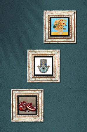 Van Gogh On İki Ayçiçekli Vazo, Nar, Fatma Ana Eli (Hamsa) Taş Duvar Tablosu Çerçeveli Duvar Dekoru 3 Parça Tablo Seti Wall Art