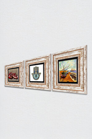 Van Gogh Balıkçı Tekneleri, Nar, Fatma Ana Eli (Hamsa) Taş Duvar Tablosu Çerçeveli Duvar Dekoru 3 Parça Tablo Seti Wall Art