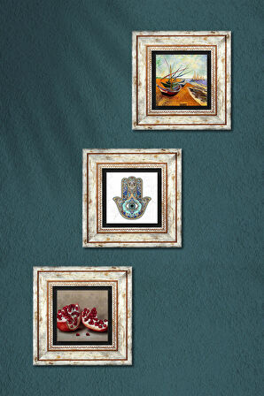 Van Gogh Balıkçı Tekneleri, Nar, Fatma Ana Eli (Hamsa) Taş Duvar Tablosu Çerçeveli Duvar Dekoru 3 Parça Tablo Seti Wall Art