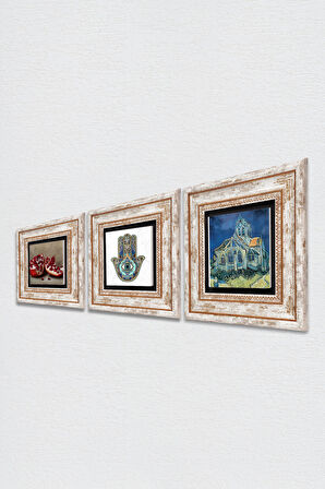 Van Gogh Auvers'deki Kilise, Nar, Fatma Ana Eli (Hamsa) Taş Duvar Tablosu Çerçeveli Duvar Dekoru 3 Parça Tablo Seti Wall Art