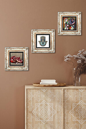 Picasso Ayna Karşısındaki Kız, Nar, Fatma Ana Eli (Hamsa) Taş Duvar Tablosu Çerçeveli Duvar Dekoru 3 Parça Tablo Seti Wall Art