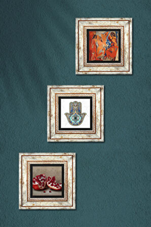 Picasso Avignonlu Kızlar, Nar, Fatma Ana Eli (Hamsa) Taş Duvar Tablosu Çerçeveli Duvar Dekoru 3 Parça Tablo Seti Wall Art