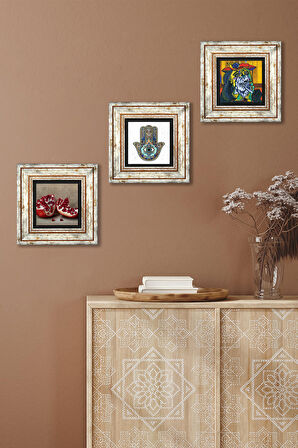 Picasso Ağlayan Kadın, Nar, Fatma Ana Eli (Hamsa) Taş Duvar Tablosu Çerçeveli Duvar Dekoru 3 Parça Tablo Seti Wall Art