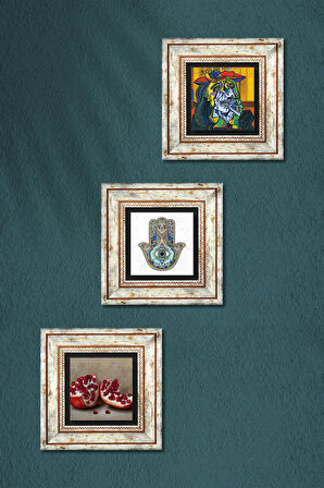 Picasso Ağlayan Kadın, Nar, Fatma Ana Eli (Hamsa) Taş Duvar Tablosu Çerçeveli Duvar Dekoru 3 Parça Tablo Seti Wall Art