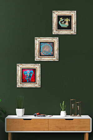 Fil, Yaşam Çiçeği, Şahmeran Taş Duvar Tablosu Çerçeveli Duvar Dekoru 3 Parça Tablo Seti Wall Art