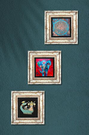 Fil, Yaşam Çiçeği, Şahmeran Taş Duvar Tablosu Çerçeveli Duvar Dekoru 3 Parça Tablo Seti Wall Art