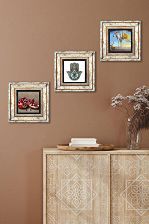 Salvador Dalí, Nar, Fatma Ana Eli (Hamsa) Taş Duvar Tablosu Çerçeveli Duvar Dekoru 3 Parça Tablo Seti Wall Art