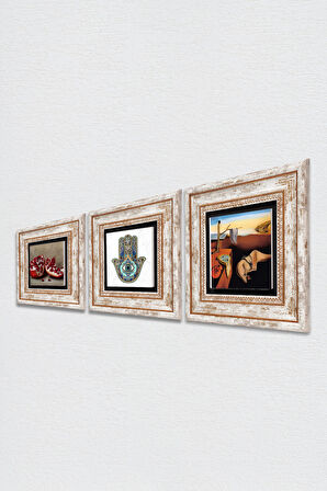 Salvador Dalí Belleğin Azmi, Nar, Fatma Ana Eli (Hamsa) Taş Duvar Tablosu Çerçeveli Duvar Dekoru 3 Parça Tablo Seti Wall Art