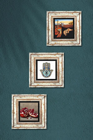 Salvador Dalí Belleğin Azmi, Nar, Fatma Ana Eli (Hamsa) Taş Duvar Tablosu Çerçeveli Duvar Dekoru 3 Parça Tablo Seti Wall Art