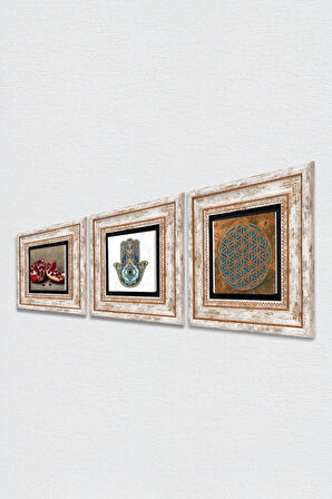 Yaşam Çiçeği, Nar, Fatma Ana Eli (Hamsa) Taş Duvar Tablosu Çerçeveli Duvar Dekoru 3 Parça Tablo Seti Wall Art