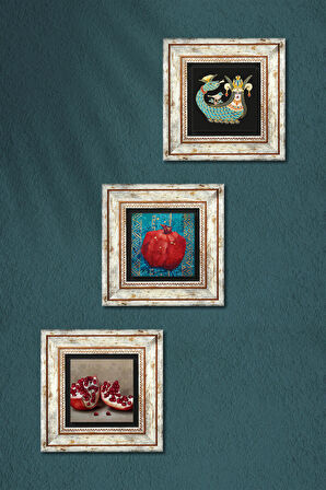 Şahmeran, Nar Taş Duvar Tablosu Çerçeveli Duvar Dekoru 3 Parça Tablo Seti Wall Art