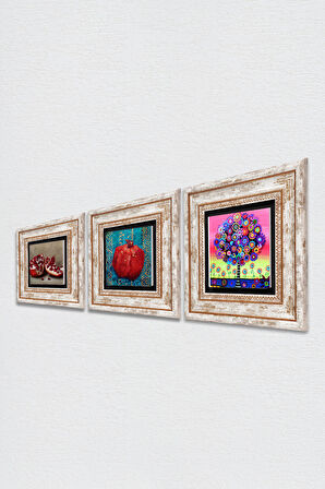 Karla Gerard Hayat Ağacı, Nar Taş Duvar Tablosu Çerçeveli Duvar Dekoru 3 Parça Tablo Seti Wall Art