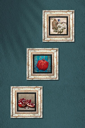 Kelebekli Çiçek, Nar Taş Duvar Tablosu Çerçeveli Duvar Dekoru 3 Parça Tablo Seti Wall Art