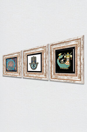 Yaşam Çiçeği, Şahmeran, Fatma Ana Eli (Hamsa) Taş Duvar Tablosu Çerçeveli Duvar Dekoru 3 Parça Tablo Seti Wall Art