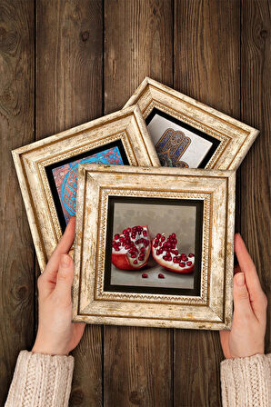 Hilye-i Şerif, Nar Taş Duvar Tablosu Çerçeveli Duvar Dekoru 3 Parça Tablo Seti Wall Art