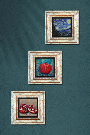 Van Gogh Yıldızlı Gece, Nar Taş Duvar Tablosu Çerçeveli Duvar Dekoru 3 Parça Tablo Seti Wall Art
