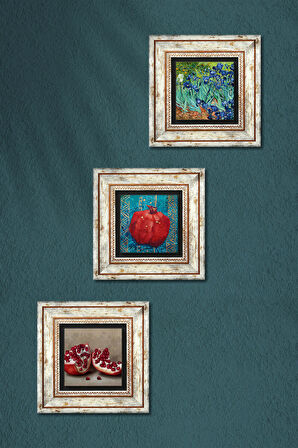 Van Gogh İrisler, Nar Taş Duvar Tablosu Çerçeveli Duvar Dekoru 3 Parça Tablo Seti Wall Art
