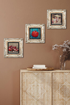Çingene Kızı Mozaiği, Nar Taş Duvar Tablosu Çerçeveli Duvar Dekoru 3 Parça Tablo Seti Wall Art