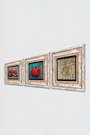 Mozaik Serisi, Nar Taş Duvar Tablosu Çerçeveli Duvar Dekoru 3 Parça Tablo Seti Wall Art