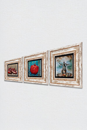 İstanbul Galata Kulesi, Nar Taş Duvar Tablosu Çerçeveli Duvar Dekoru 3 Parça Tablo Seti Wall Art