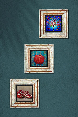Hayat Ağacı, Nar Taş Duvar Tablosu Çerçeveli Duvar Dekoru 3 Parça Tablo Seti Wall Art
