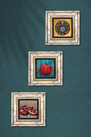 Nazar Boncuğu, Nar Taş Duvar Tablosu Çerçeveli Duvar Dekoru 3 Parça Tablo Seti Wall Art